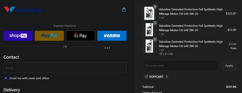 valvoline 5% off